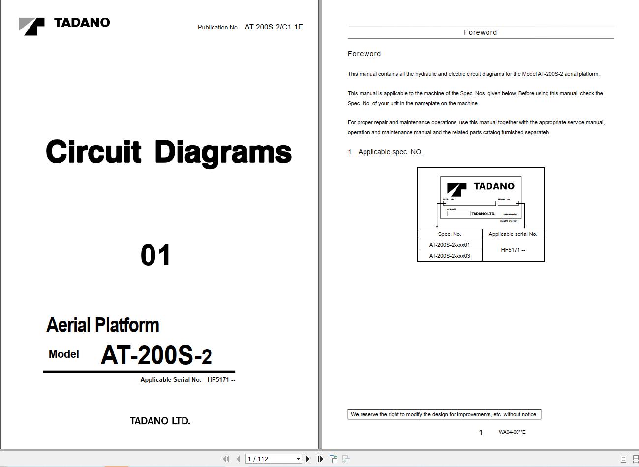 Tadano Aerial Work Platform AT 200S 2 Diagrams and Operation Manual (2)