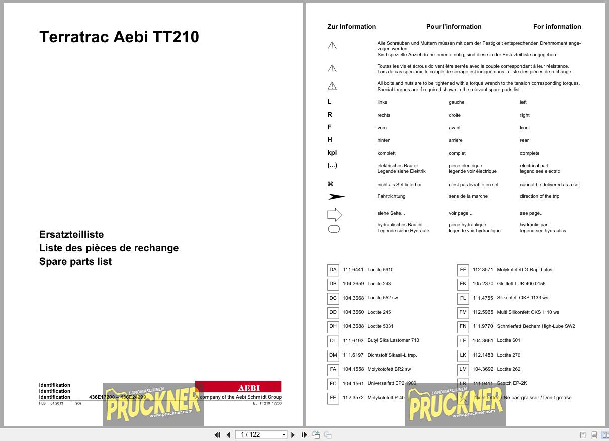 Terratrac Aebi Tractor TT210 Spare Parts List 436E17200 – 436E24299 2013 DE EN FR (1)