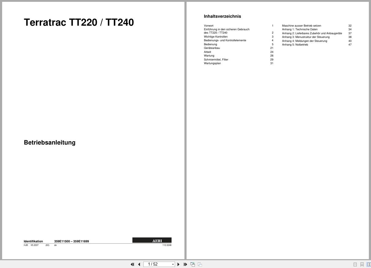 Terratrac Aebi Tractor TT220 TT240 Operators Manual 359E11500 – 359E11699 2007 DE (1)
