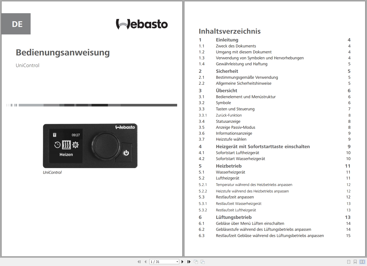 Webasto Control Panel UniControl Operating Instructions 9034445A DE (1)
