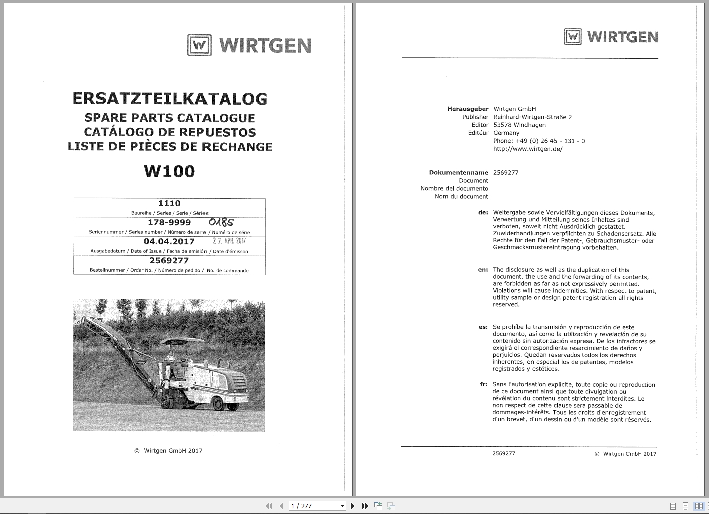 Wirtgen Asphalt Milling W100 1110 Series Spare Parts Catalog 2569277 2017 DE EN FR ES (1)