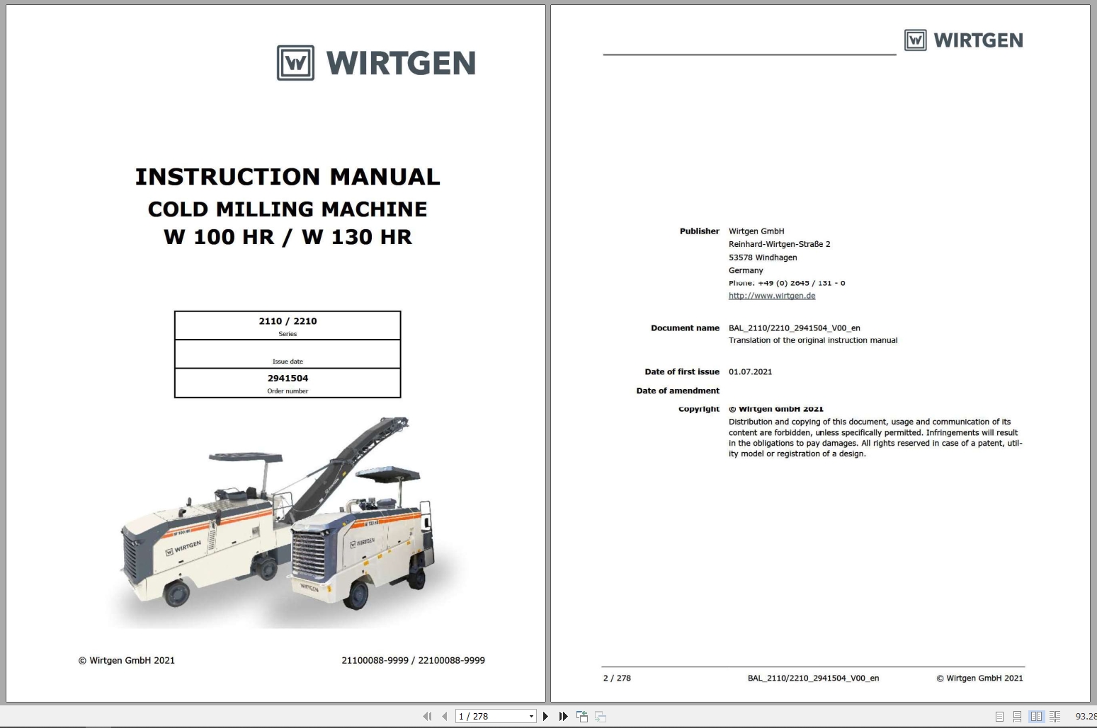 Wirtgen Cold Milling W100HR W130HR Instruction Manual 2941504 2021 (1)