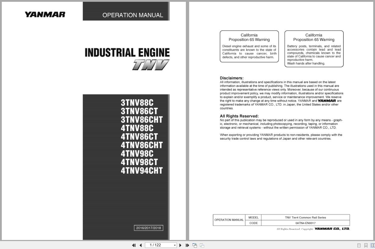 Yanmar Engine 3TNV88C To 4TNV94CHT Operation Manual 0ATN4 EN0017 2018 (1)
