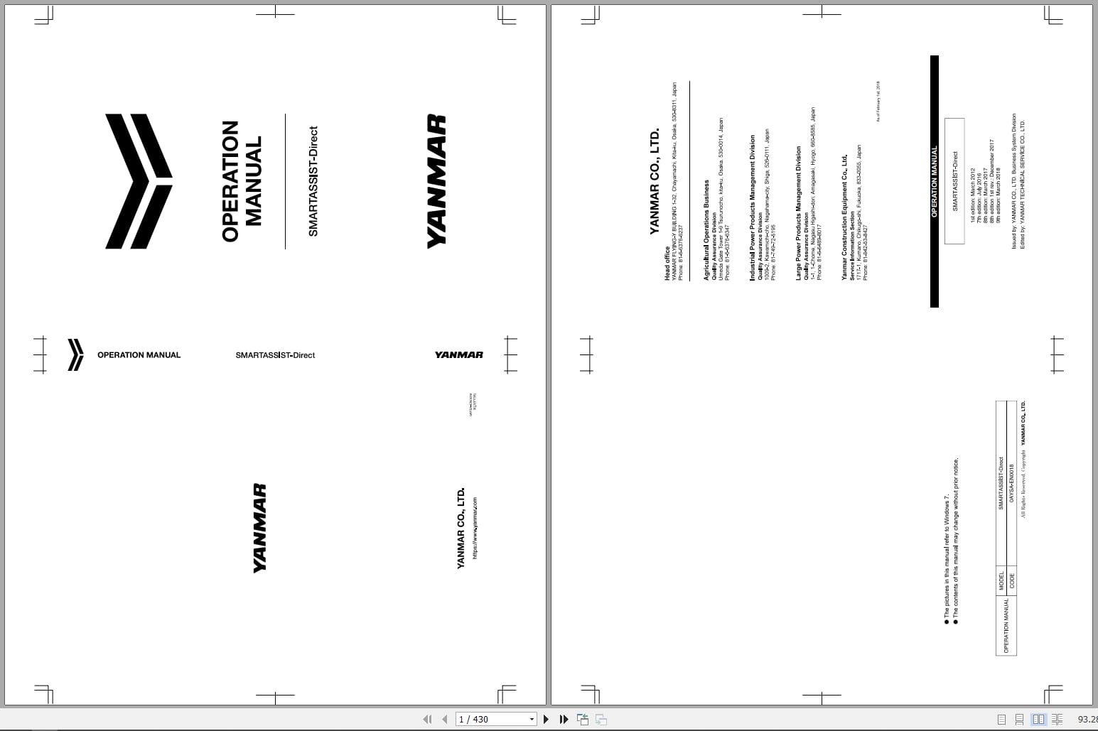 Yanmar Engine SMARTASSIST Direct Operation Manual 0AYSA EN0018 2018 (1)