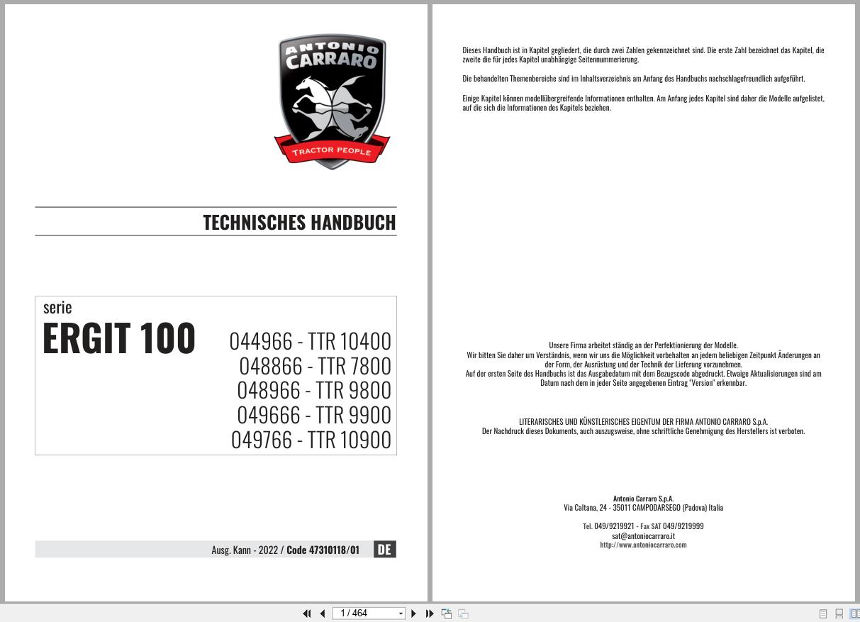 Antonio Carraro Tractor ERGIT 100 TTR7800 to TTR10900 Technical Support Manual 47310118 01 DE (1)