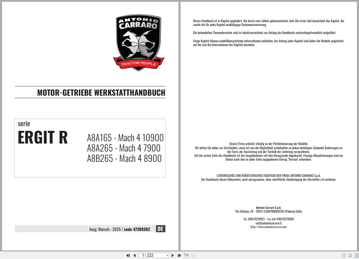 Antonio Carraro Tractor Ergit R Mach 4 7900 to 10900 Engine Transmission Workshop Manual 47308362 DE (1)