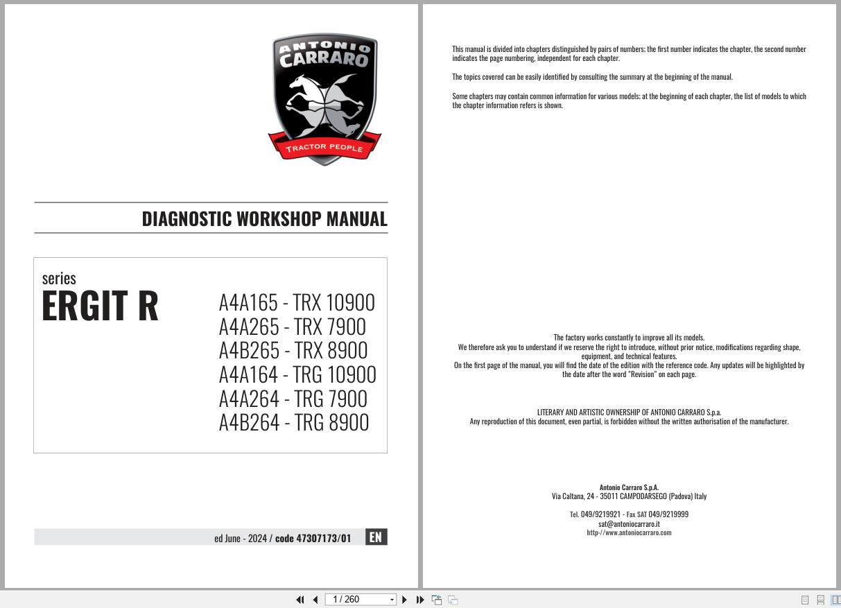 Antonio Carraro Tractor Ergit R TRX7900 to TRG10900 Diagnostic Workshop Manual 47307173 01 EN (1)