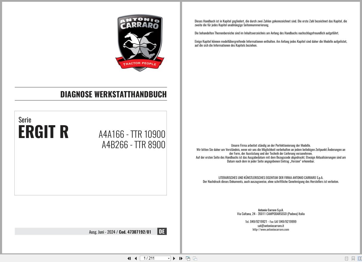 Antonio Carraro Tractor Ergit R TTR10900 TTR8900 Diagnostic Workshop Manual 47307192 01 DE (1)