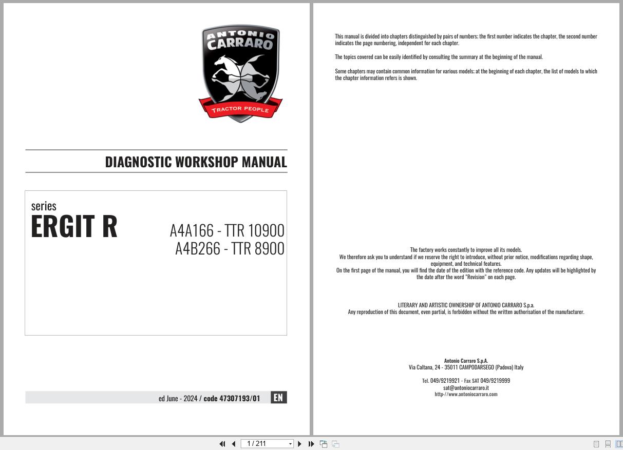 Antonio Carraro Tractor Ergit R TTR10900 TTR8900 Diagnostic Workshop Manual 47307193 01 EN (1)
