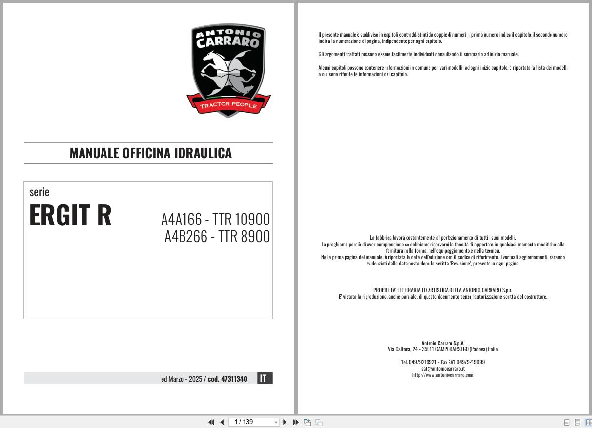 Antonio Carraro Tractor Ergit R TTR10900 TTR8900 Hydraulic Workshop Manual 47311340 IT (1)