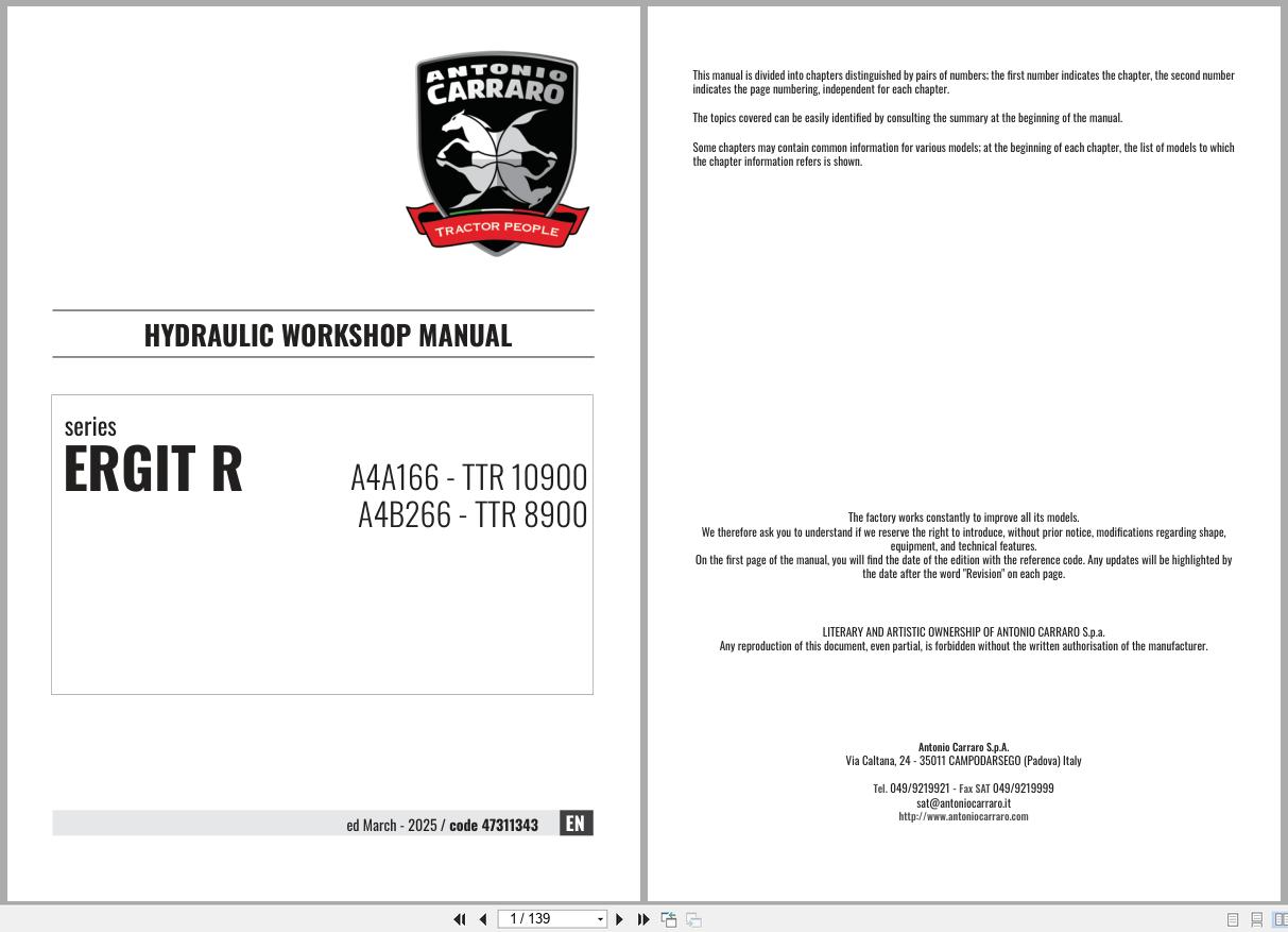 Antonio Carraro Tractor Ergit R TTR10900 TTR8900 Hydraulic Workshop Manual 47311343 EN (1)