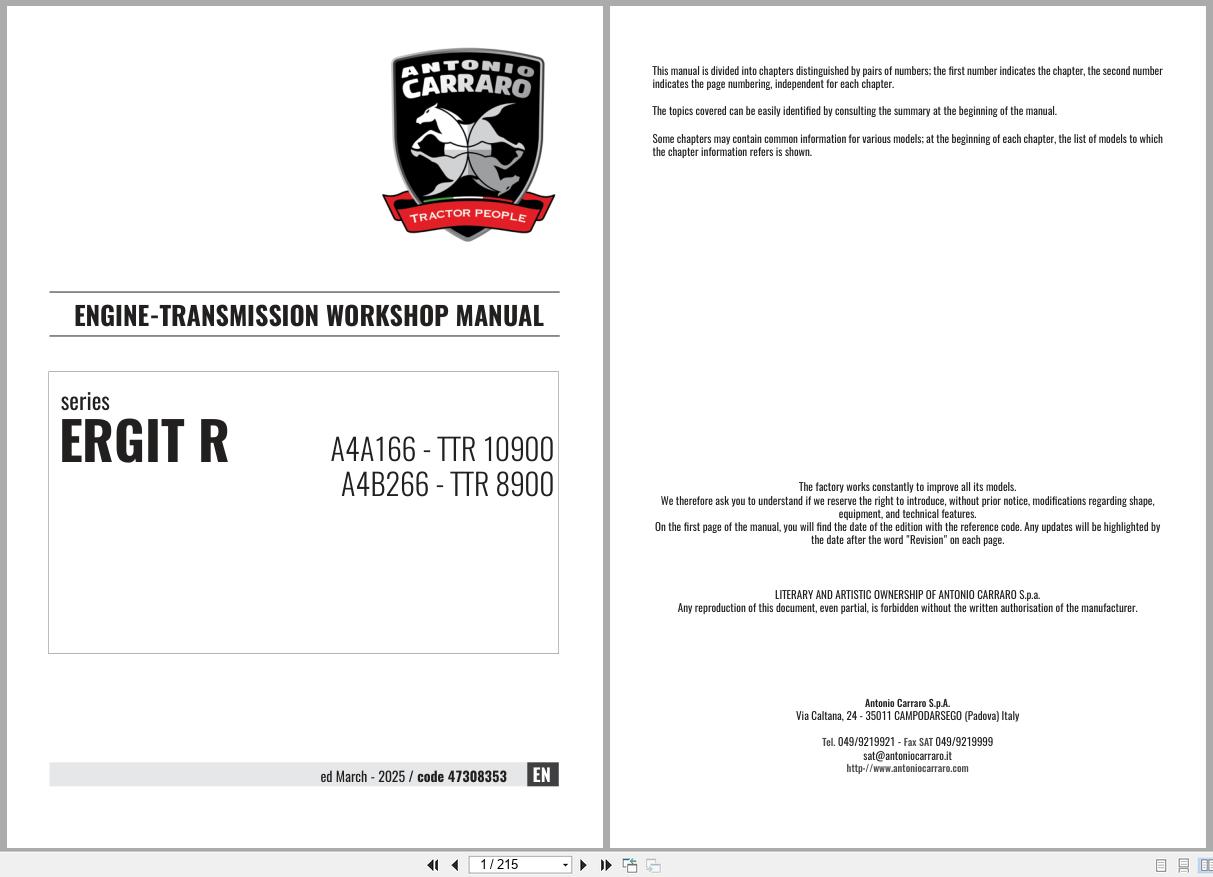 Antonio Carraro Tractor Ergit R TTR8900 to TTR10900 Engine Transmission Workshop Manual 47308353 EN (1)