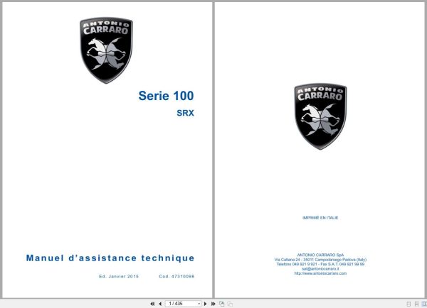 Antonio Carraro Tractor Series 100 SRX SRX7800 to SRX10400 Technical Support Manual 47310098 FR (1) Antonio Carraro Tractor Series 100 Srx Srx7800 To Srx10400 Technical Support Manual 47310098 Fr (1)