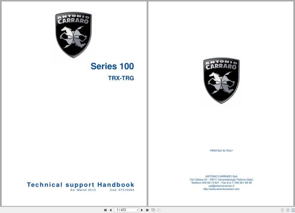 Antonio Carraro Tractor Series 100 TRX TRG TRX7800 to TRG10400 Technical Support Handbook 47310094 EN (1)