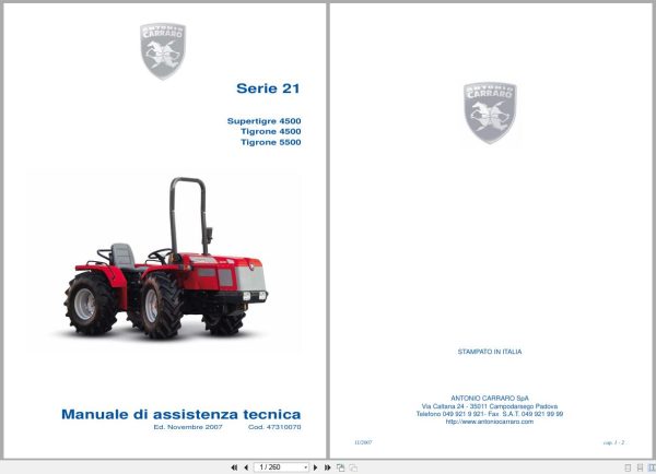 Antonio Carraro Tractor Series 21 Supertigre 4500 Tigrone 4500 5500 Technical Support Manual 47310070 It (1)