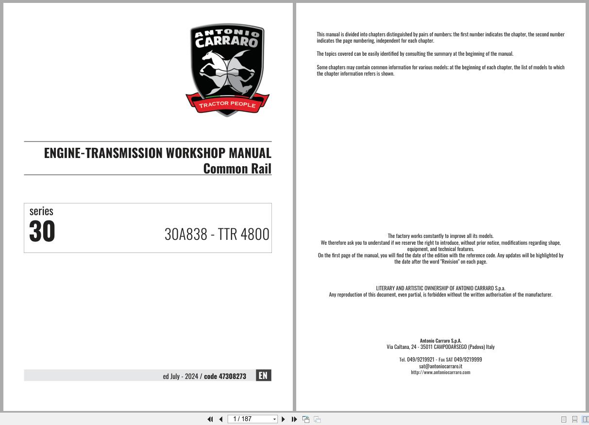 Antonio Carraro Tractor Series 30 TTR4800 Common Rail Engine Transmission Workshop Manual 47308273 EN (1)