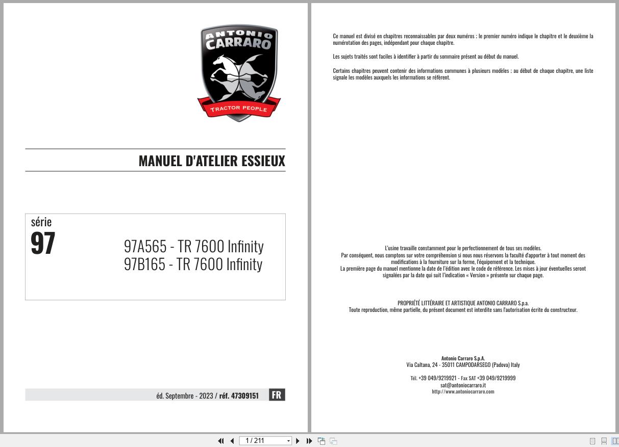 Antonio Carraro Tractor Series 97 TR7600 Infinity Axles Workshop Manual 47309151 FR (1)