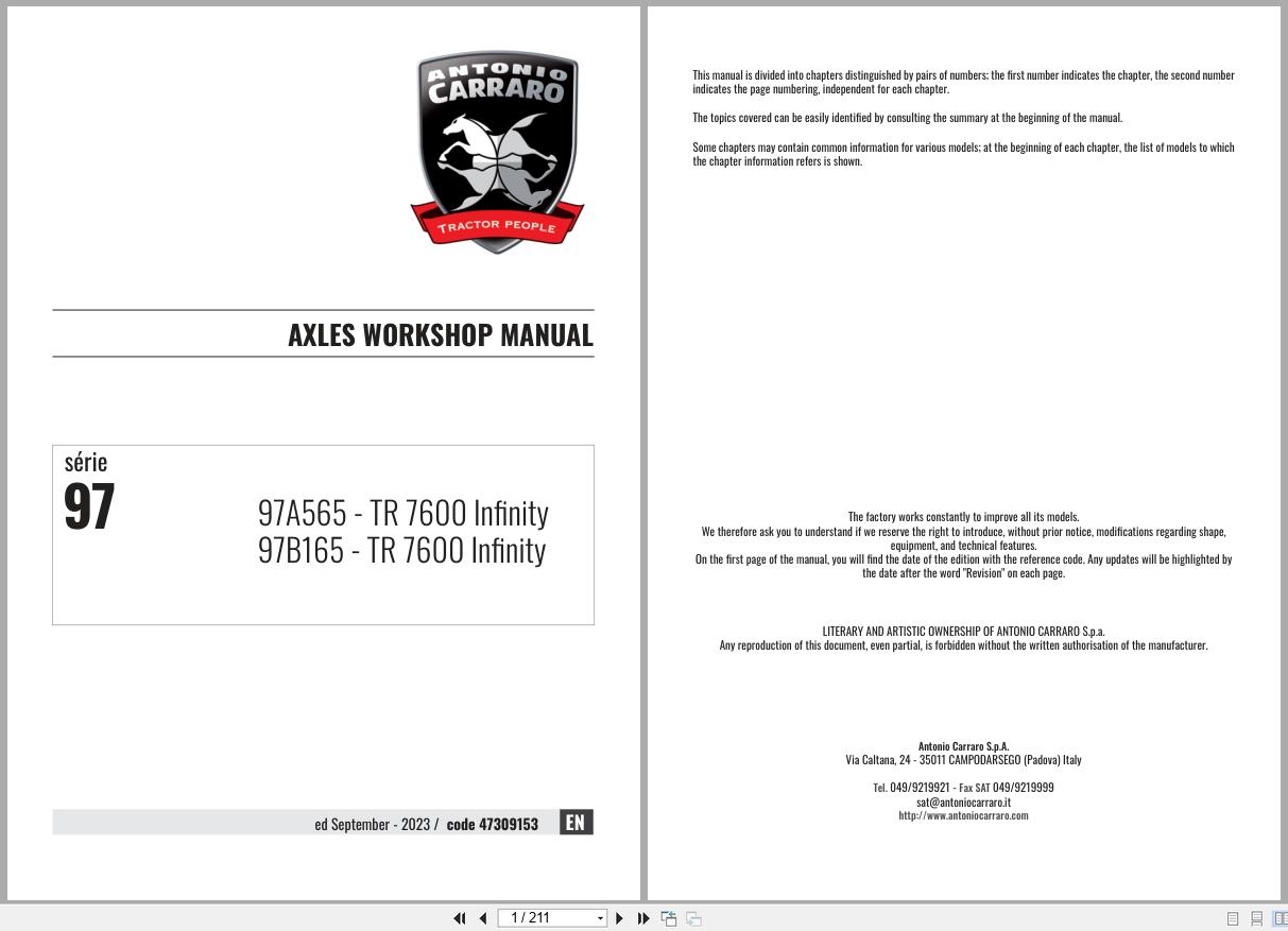 Antonio Carraro Tractor Series 97 TR7600 Infinity Axles Workshop Manual 47309153 EN (1)