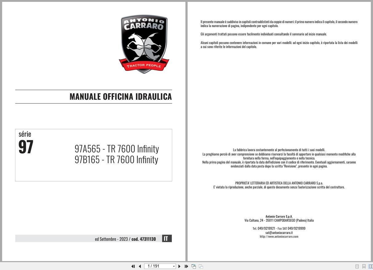 Antonio Carraro Tractor Series 97 TR7600 Infinity Hydraulic Workshop Manual 47311130 IT (1)