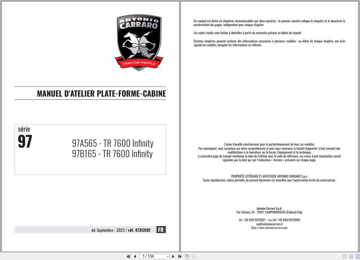 Antonio Carraro Tractor Series 97 TR7600 Infinity Platform Cab Workshop Manual 47313101 FR (1)