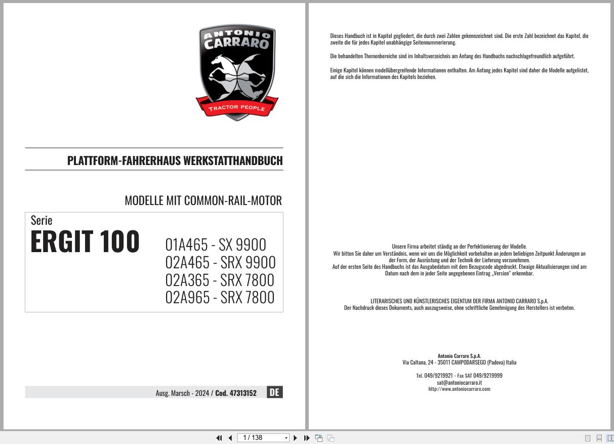 Antonio Carraro Tractor Series ERGIT100 SRX7800 SX9900 Platform Cab Workshop Manual 47313152 DE (1)