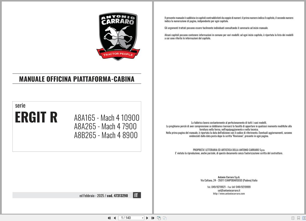 Antonio Carraro Tractor Series Ergit R Mach 4 7900 to 10900 Platform Cab Workshop Manual 47313290 IT (1)