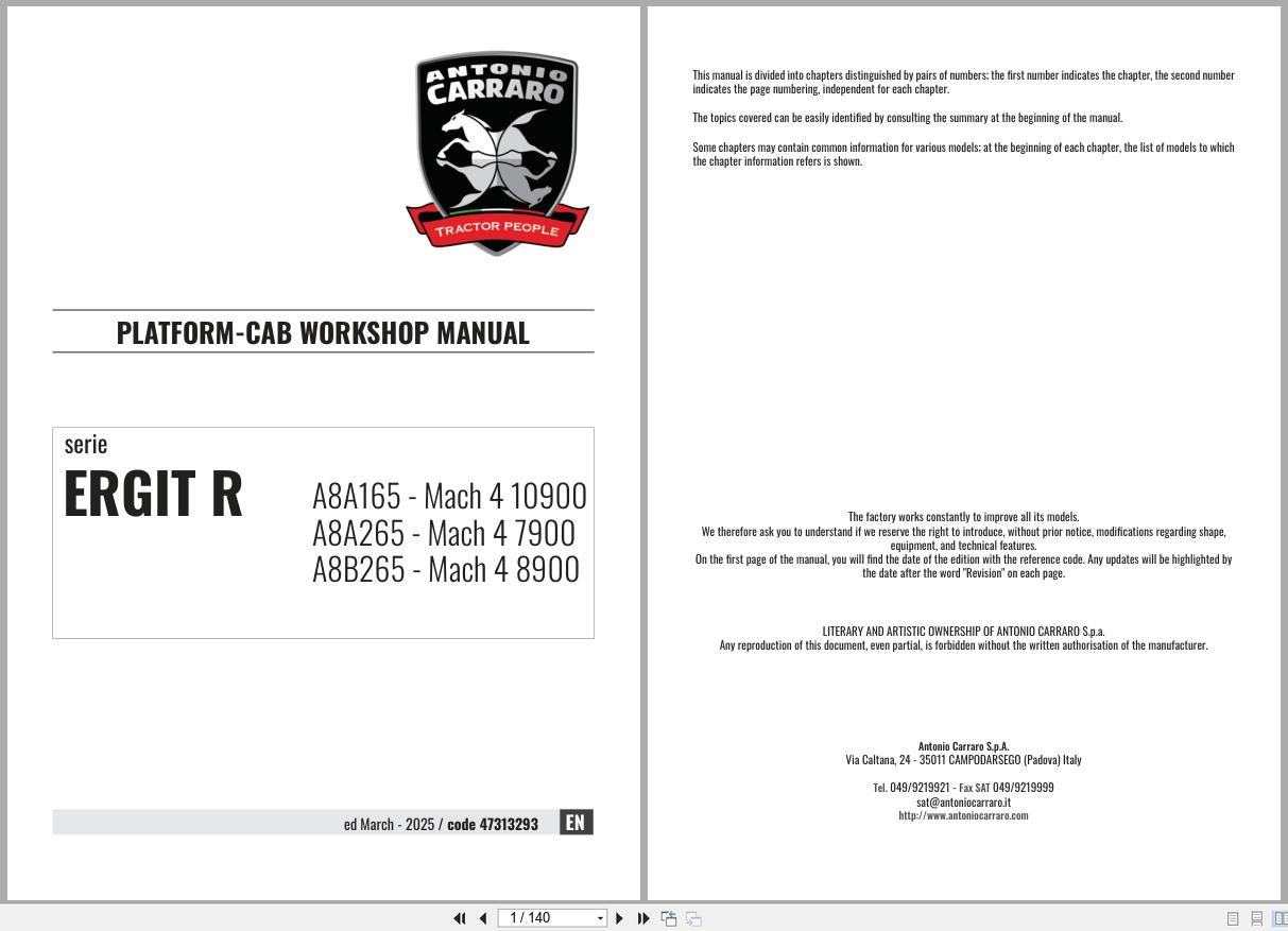 Antonio Carraro Tractor Series Ergit R Mach 4 7900 to 10900 Platform Cab Workshop Manual 47313293 EN (1)