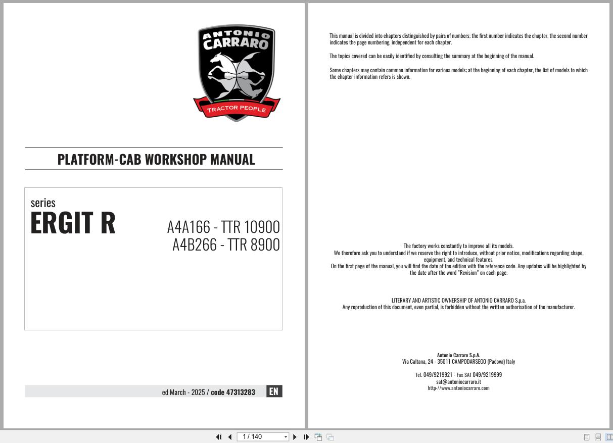 Antonio Carraro Tractor Series Ergit R TTR8900 TTR10900 Platform Cab Workshop Manual 47313283 EN (1)