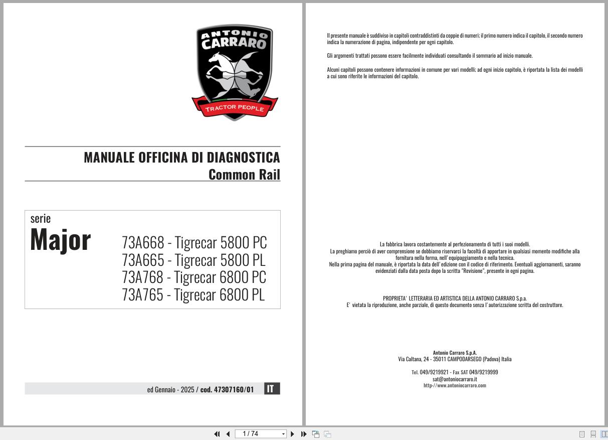 Antonio Carraro Tractor Series Major 5800PC to 6800PL Diagnostic Workshop Manual 47307160 01 IT (1)