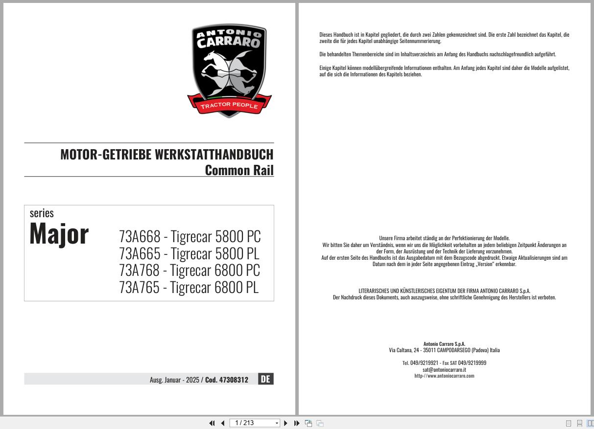 Antonio Carraro Tractor Series Major 5800PC to 6800PL Engine Transmission Workshop Manual 47308312 DE (1)