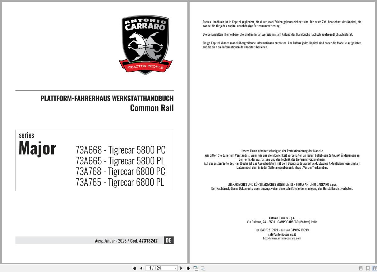 Antonio Carraro Tractor Series Major 5800PC to 6800PL Platform Cab Workshop Manual 47313242 DE (1)