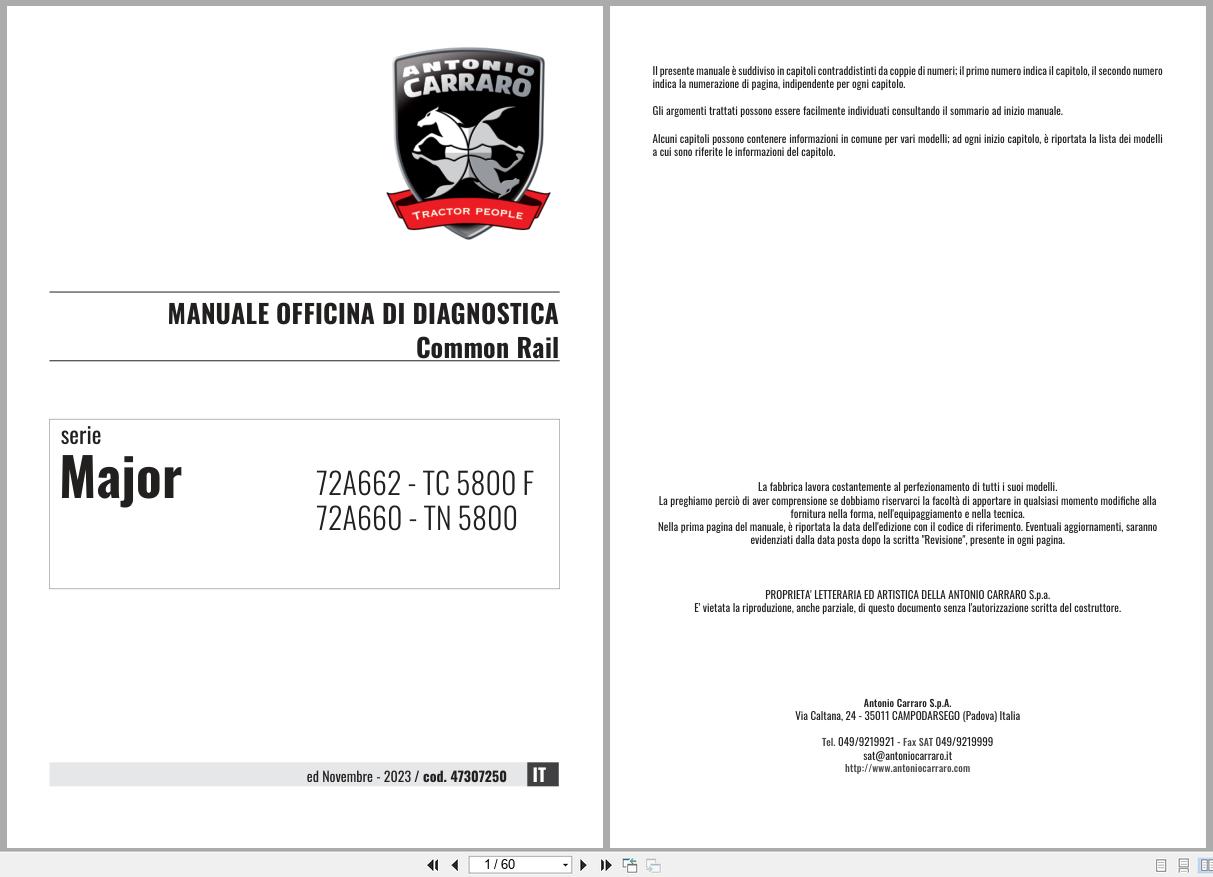Antonio Carraro Tractor Series Major TC5800F TN5800 Diagnostic Workshop Manual 47307250 IT (1)