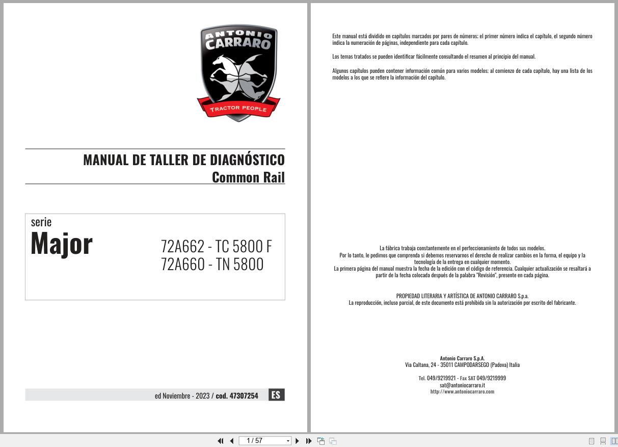 Antonio Carraro Tractor Series Major TC5800F TN5800 Diagnostic Workshop Manual 47307254 ES (1)