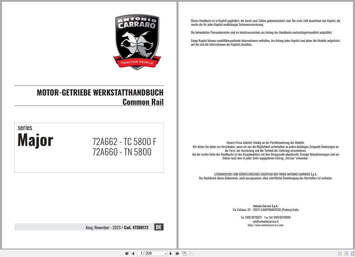 Antonio Carraro Tractor Series Major TC5800F TN5800 Engine Transmission Workshop Manual 47308172 DE (1)