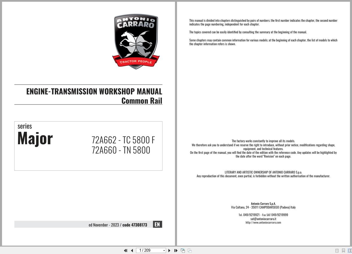 Antonio Carraro Tractor Series Major TC5800F TN5800 Engine Transmission Workshop Manual 47308173 EN (1)