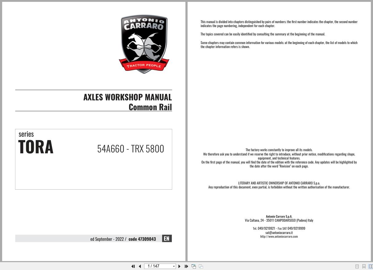 Antonio Carraro Tractor Series TORA TRX5800 Axles Workshop Manual 47309043 EN (1)