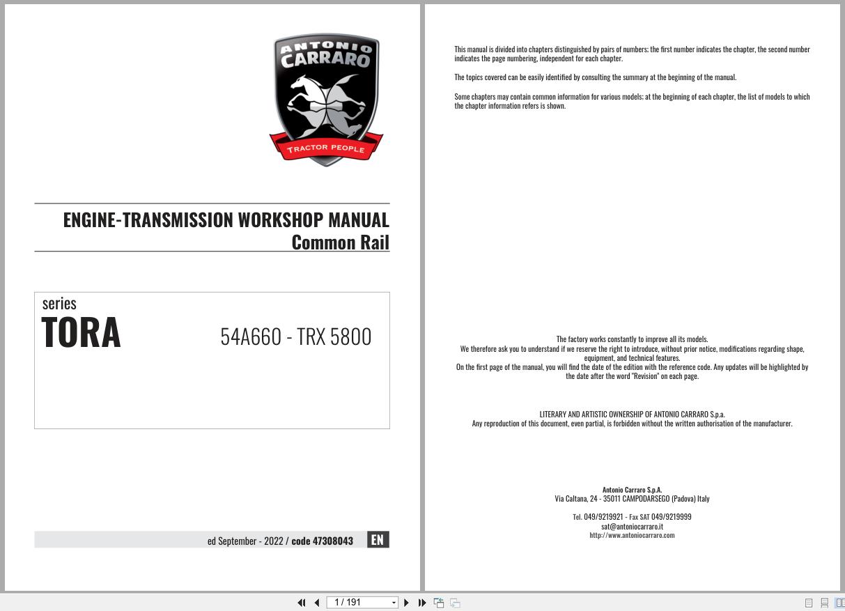 Antonio Carraro Tractor Series TORA TRX5800 Engine Transmission Workshop Manual 47308043 EN (1)
