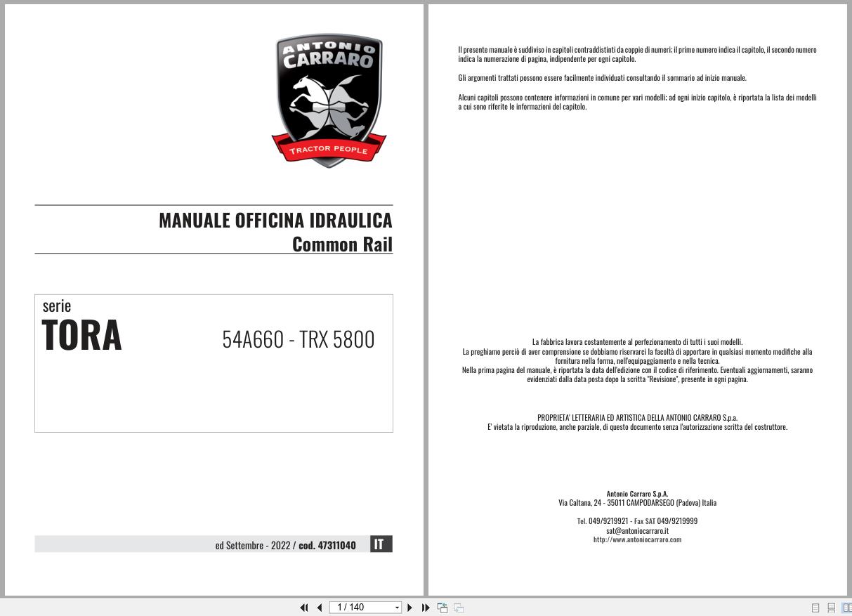 Antonio Carraro Tractor Series TORA TRX5800 Hydraulic Workshop Manual 47311040 IT (1)