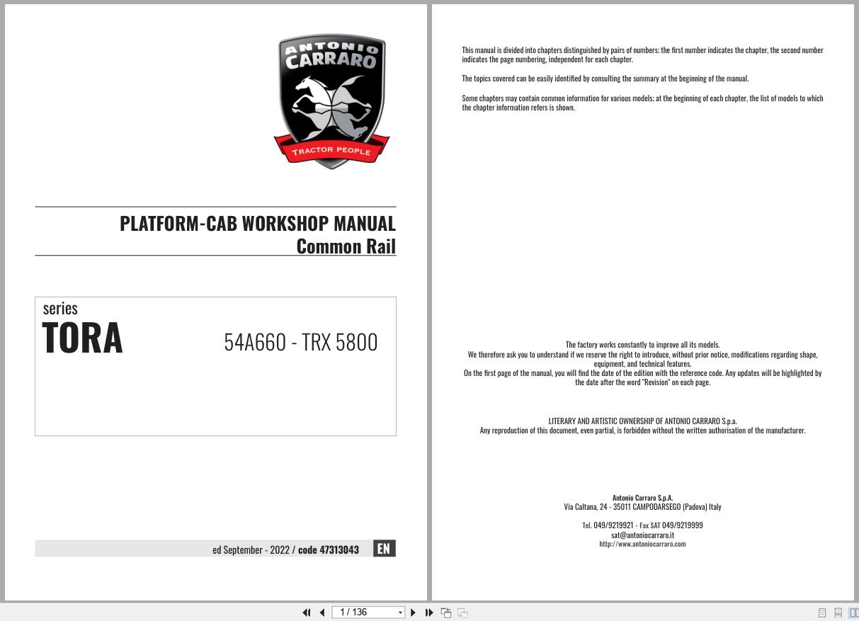 Antonio Carraro Tractor Series TORA TRX5800 Platform Cab Workshop Manual 47313043 EN (1)