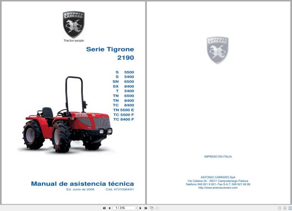 Antonio Carraro Tractor Series Tigrone 2190 S5500 To Tc8400F Technical Support Manual 47310064 01 Es (1)