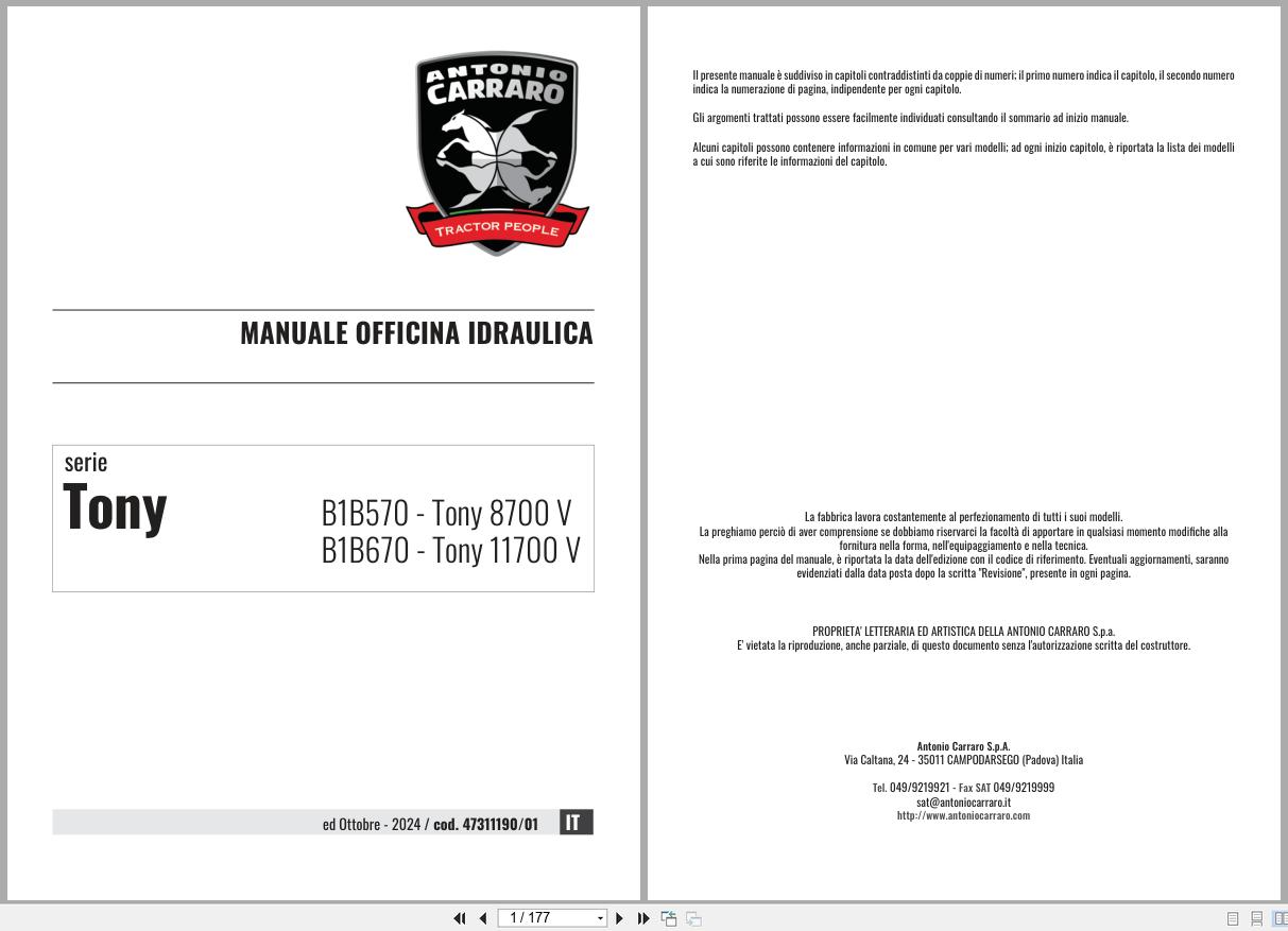 Antonio Carraro Tractor Tony 8700V 11700V Hydraulic Workshop Manual 47311190 01 IT (1)