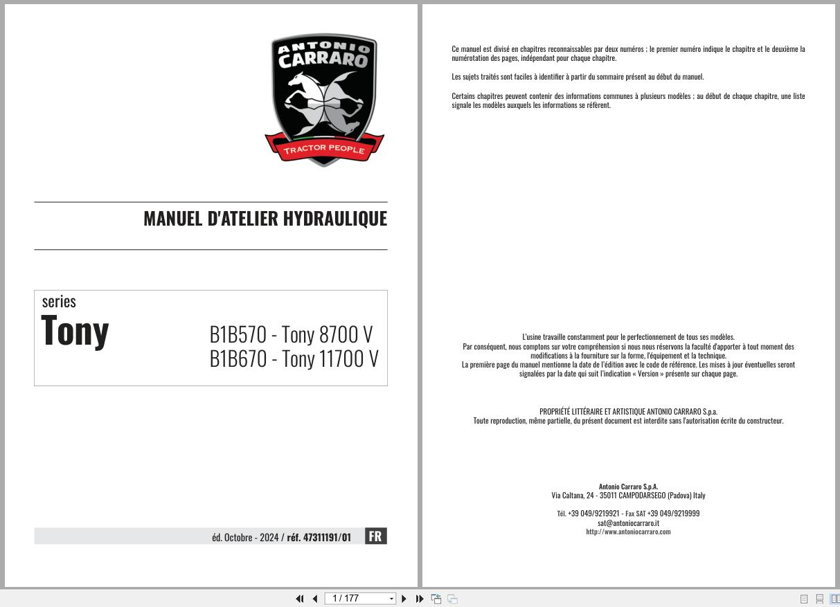 Antonio Carraro Tractor Tony 8700V 11700V Hydraulic Workshop Manual 47311191 01 FR (1)