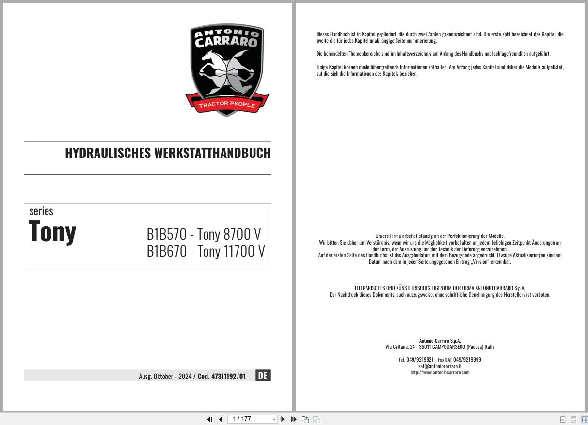 Antonio Carraro Tractor Tony 8700V 11700V Hydraulic Workshop Manual 47311192 01 DE (1)