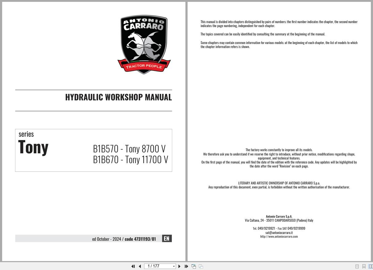 Antonio Carraro Tractor Tony 8700V 11700V Hydraulic Workshop Manual 47311193 01 EN (1)