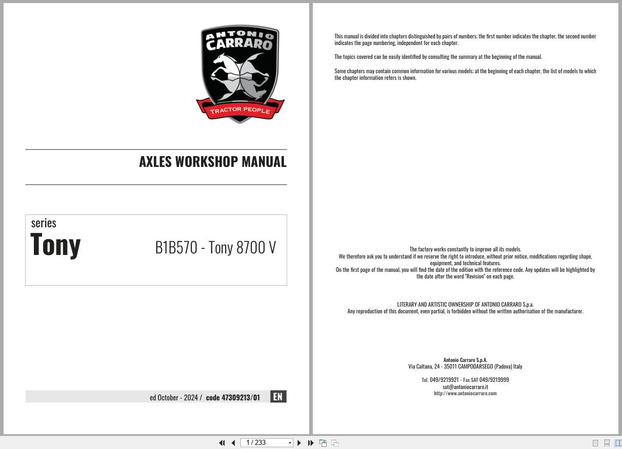 Antonio Carraro Tractor Tony 8700V Axles Workshop Manual 47309213 01 EN (1)