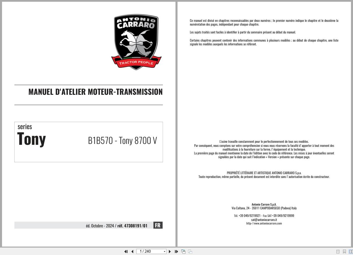 Antonio Carraro Tractor Tony 8700V Engine Transmission Workshop Manual 47308191 01 FR (1)