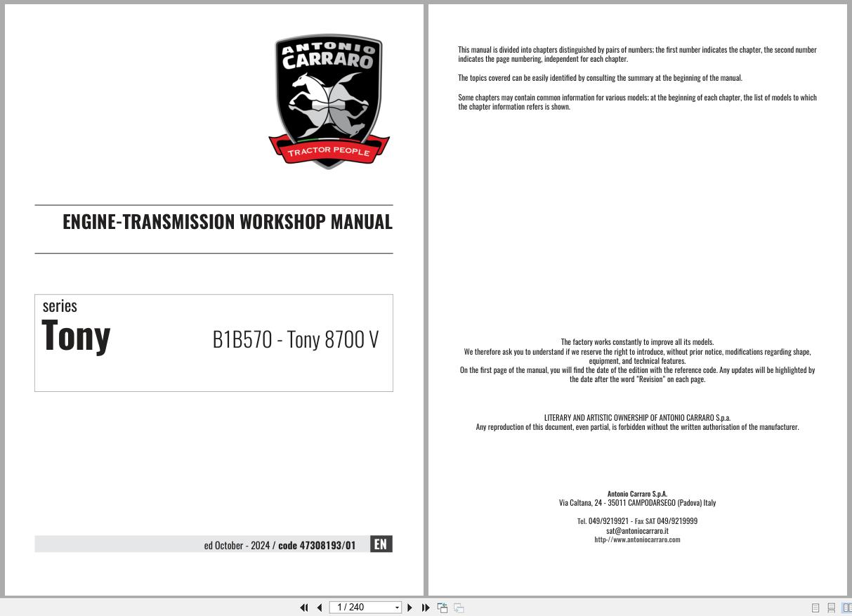 Antonio Carraro Tractor Tony 8700V Engine Transmission Workshop Manual 47308193 01 EN (1)