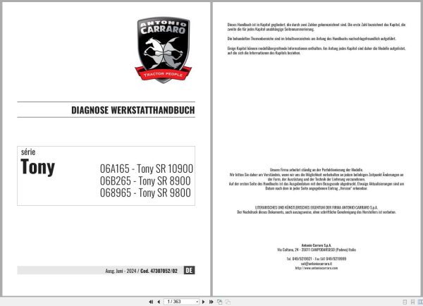 Antonio Carraro Tractor Tony SR8900 to SR10900 Diagnostic Workshop Manual 47307052 02 DE (1)