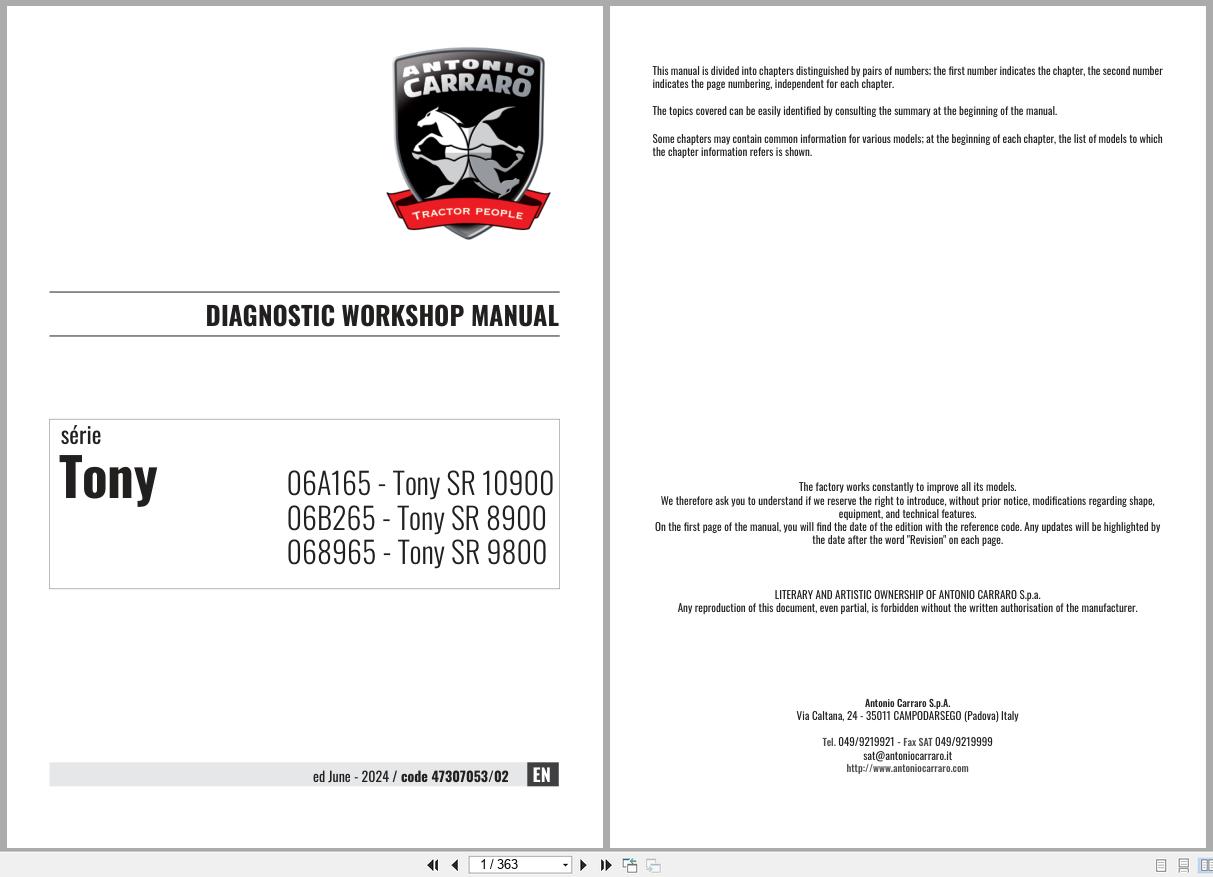 Antonio Carraro Tractor Tony SR8900 to SR10900 Diagnostic Workshop Manual 47307053 02 EN (1)