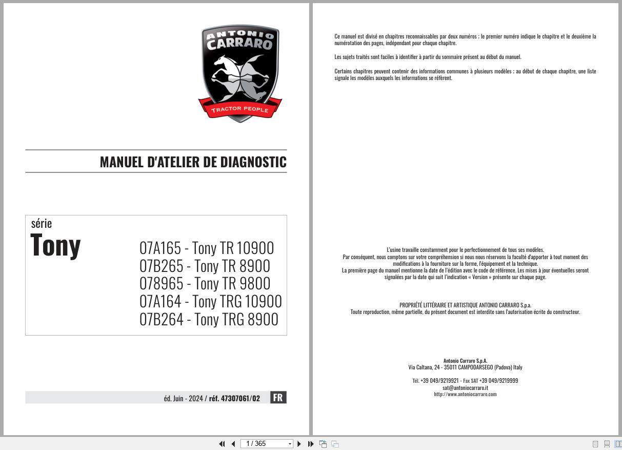 Antonio Carraro Tractor Tony TR8900 to TRG10900 Diagnostic Workshop Manual 47307061 02 FR (1)